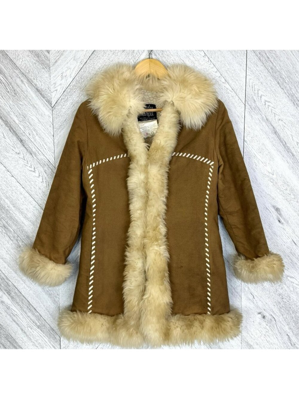 Vintage 70s Faux Shearling Coat Womens Small Brown Penny Lane Boho Modes Marcel